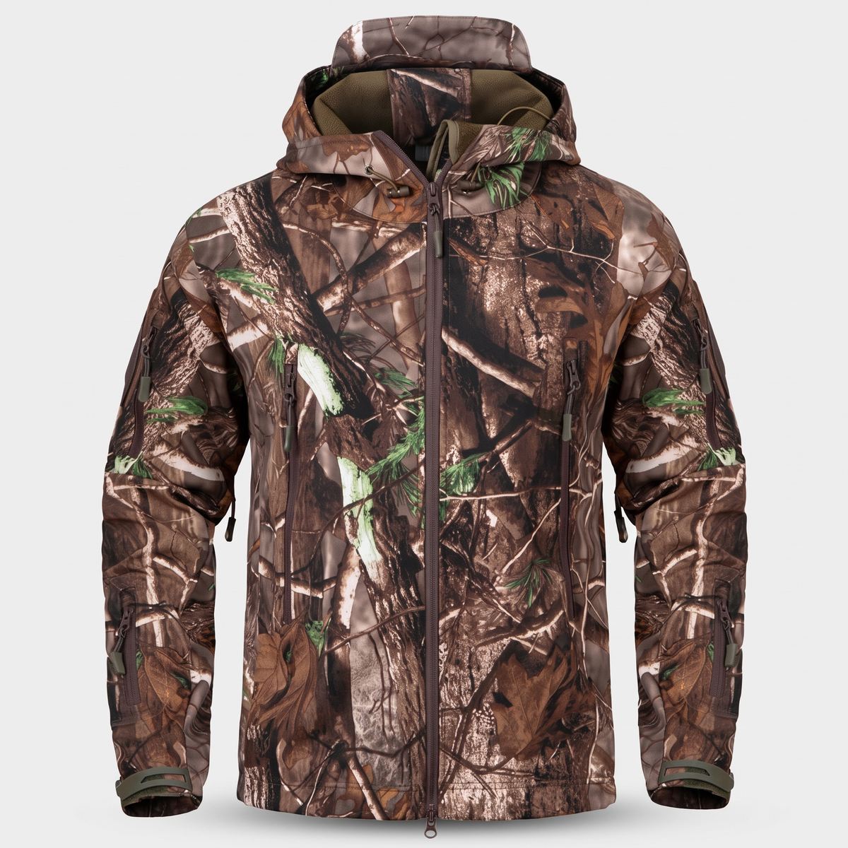 Tree Camo fleece lined softshell jacket front view