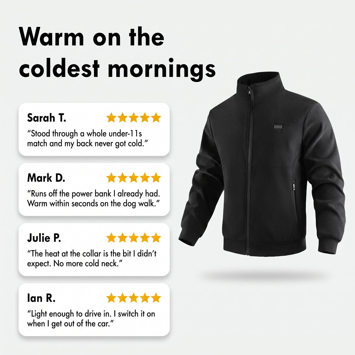 Customer review cards for the heated fleece jacket
