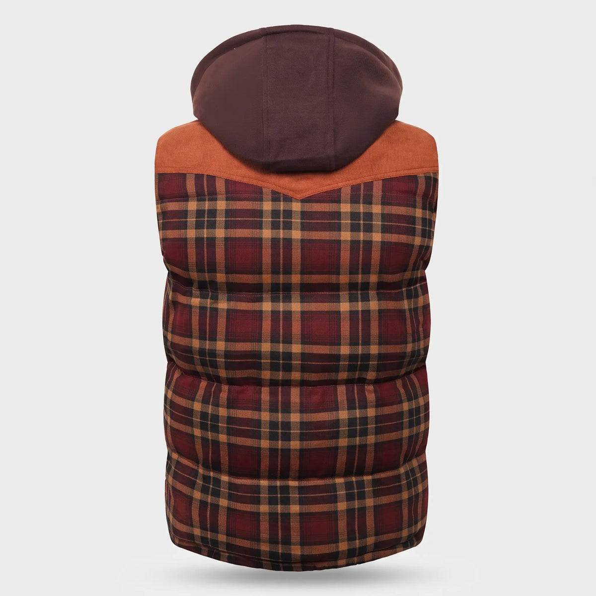 Burgundy Check hooded gilet - back view with corduroy yoke