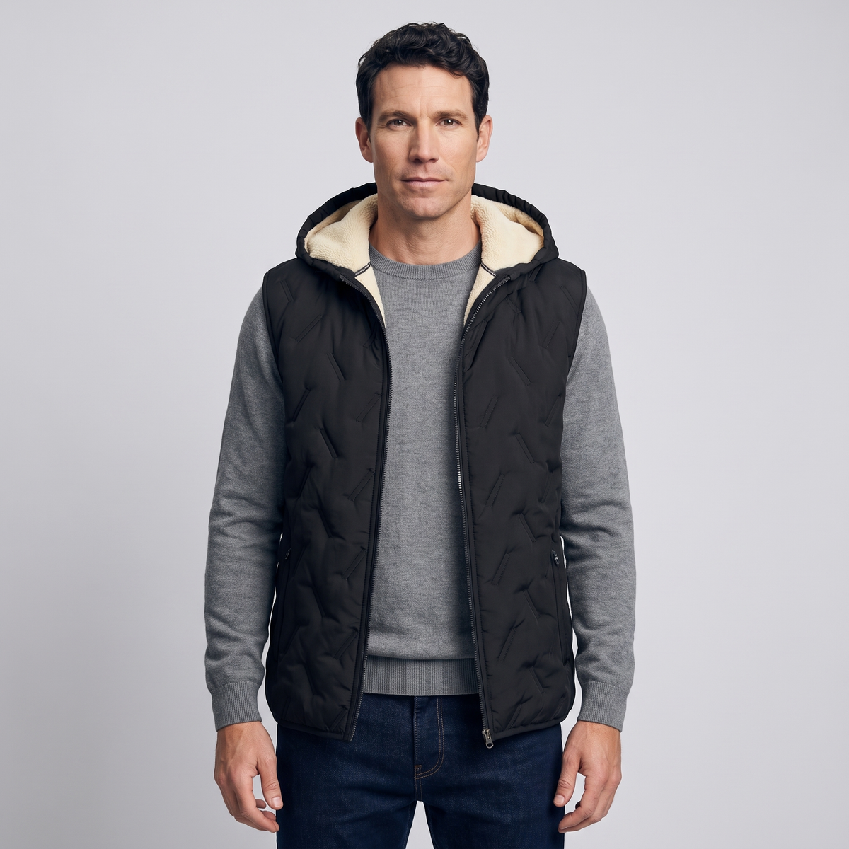Man wearing the black hooded gilet