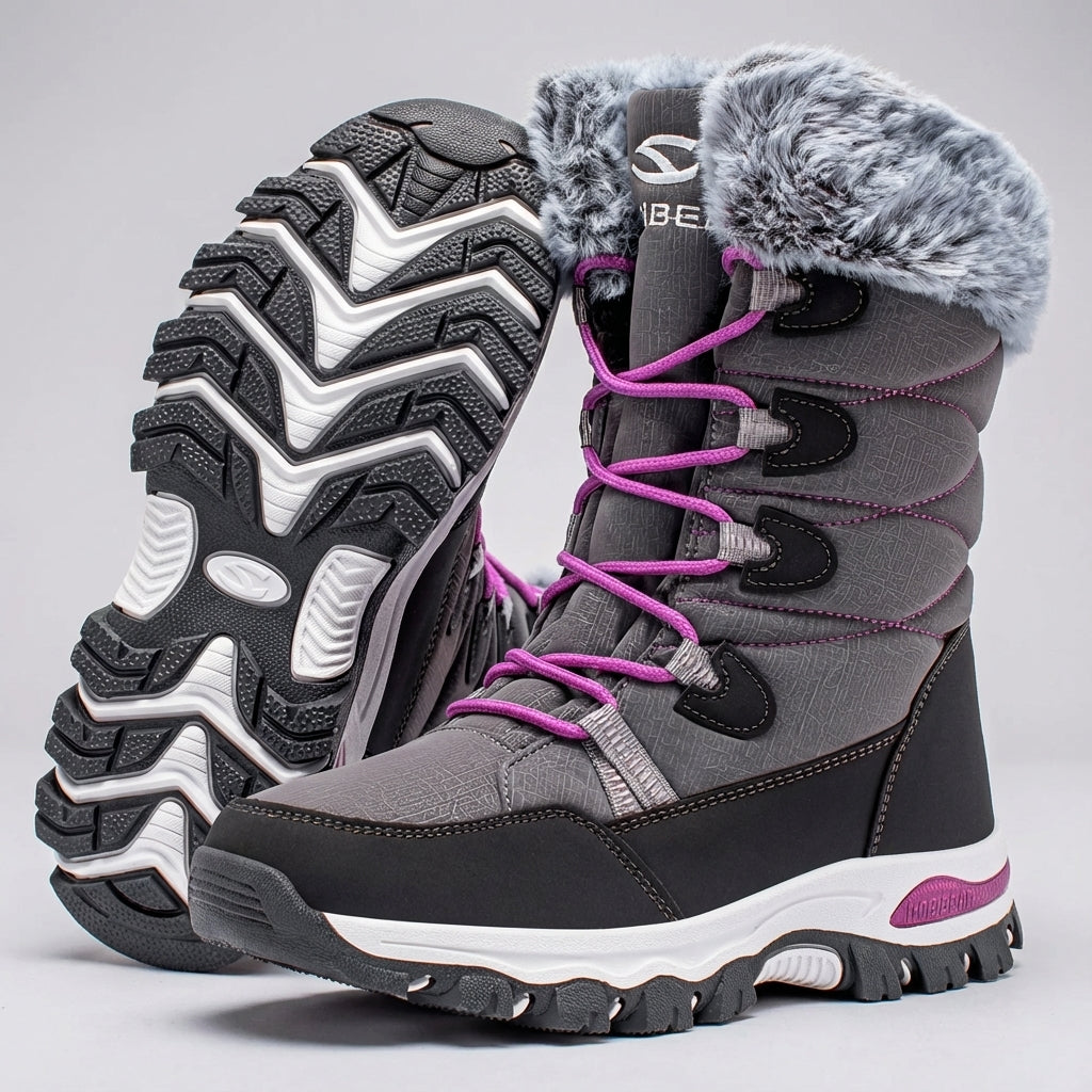 Grey women's snow boots with the deep chevron tread outsole shown