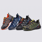All four colourways lined up - Grey/Orange, Navy/Blue, Black/Red, Green camo