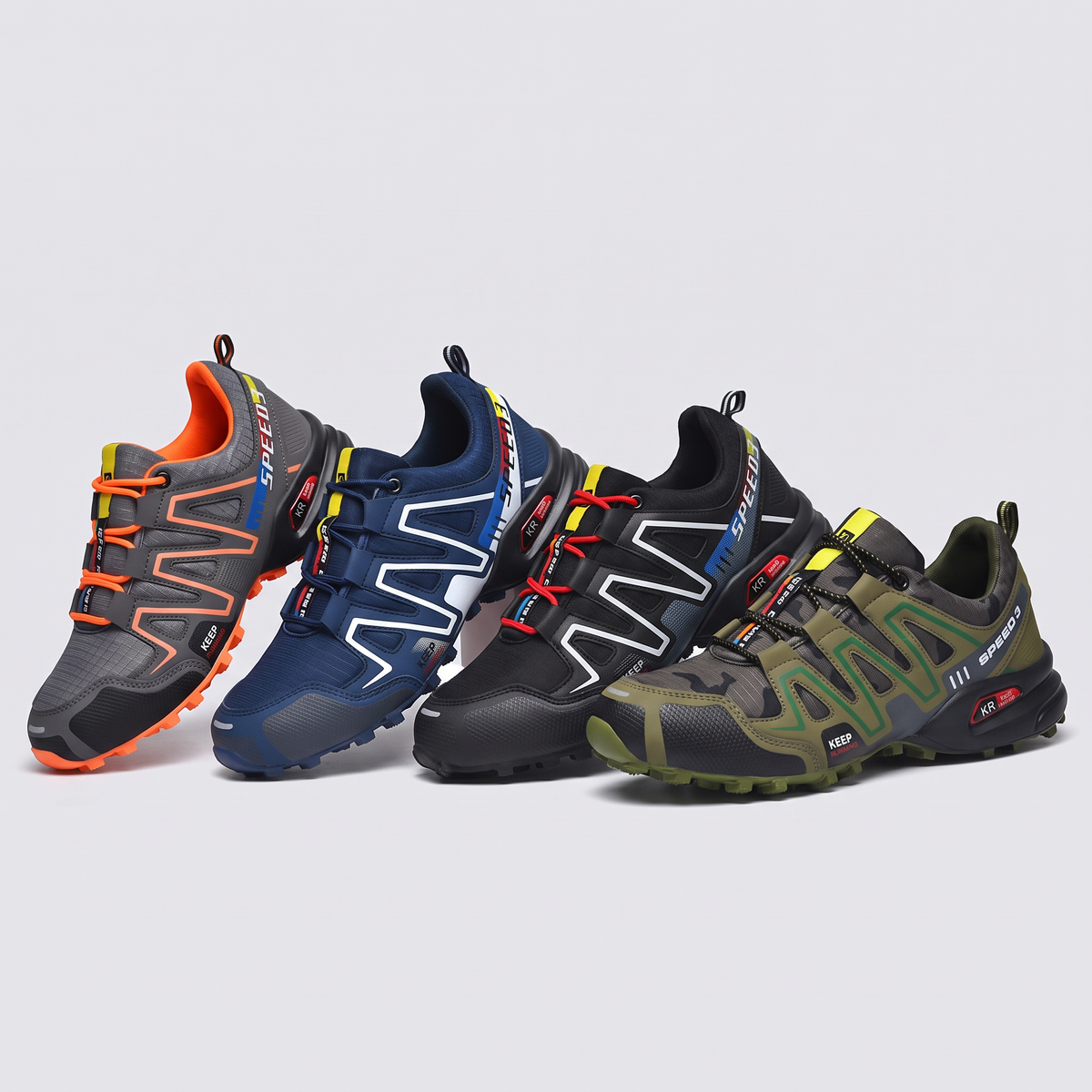 All four colourways lined up - Grey/Orange, Navy/Blue, Black/Red, Green camo