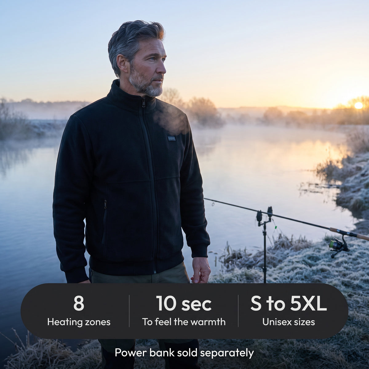 Heated jacket on a frosty riverbank: 8 heating zones, warmth in about 10 seconds, sizes S to 5XL