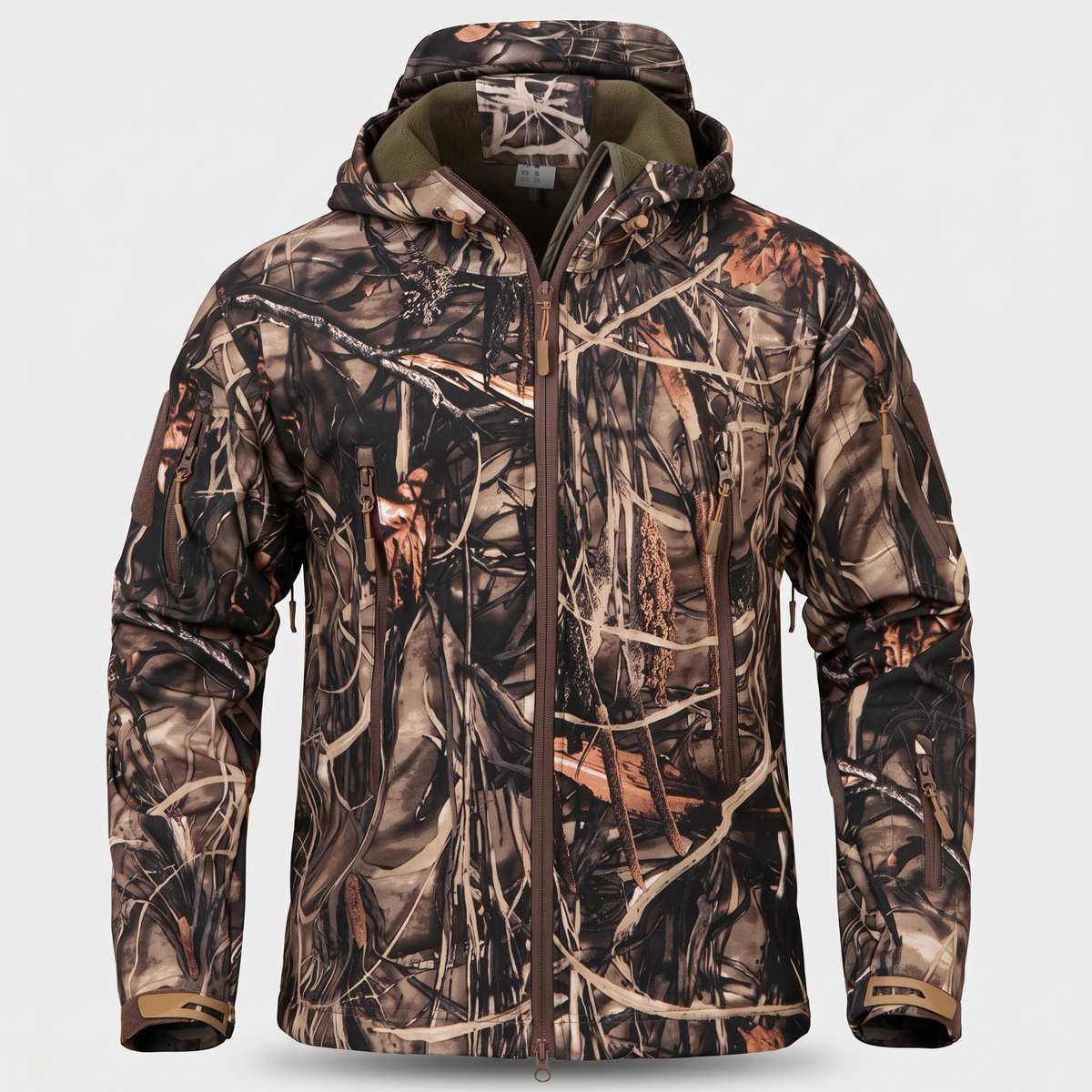 Reed Camo fleece lined softshell jacket front view