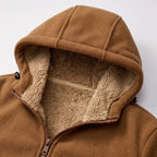 Sherpa-lined hood, high collar and chunky zip close-up