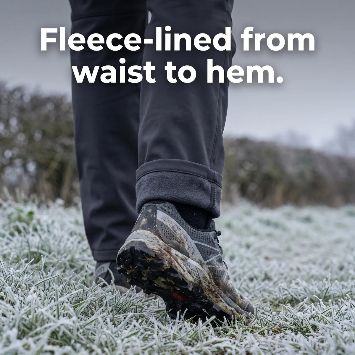 Men's fleece lined walking trousers, hem folded back to show the brushed fleece lining