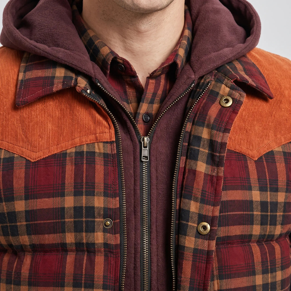 Inner zip and brass press-stud front of the tartan check gilet