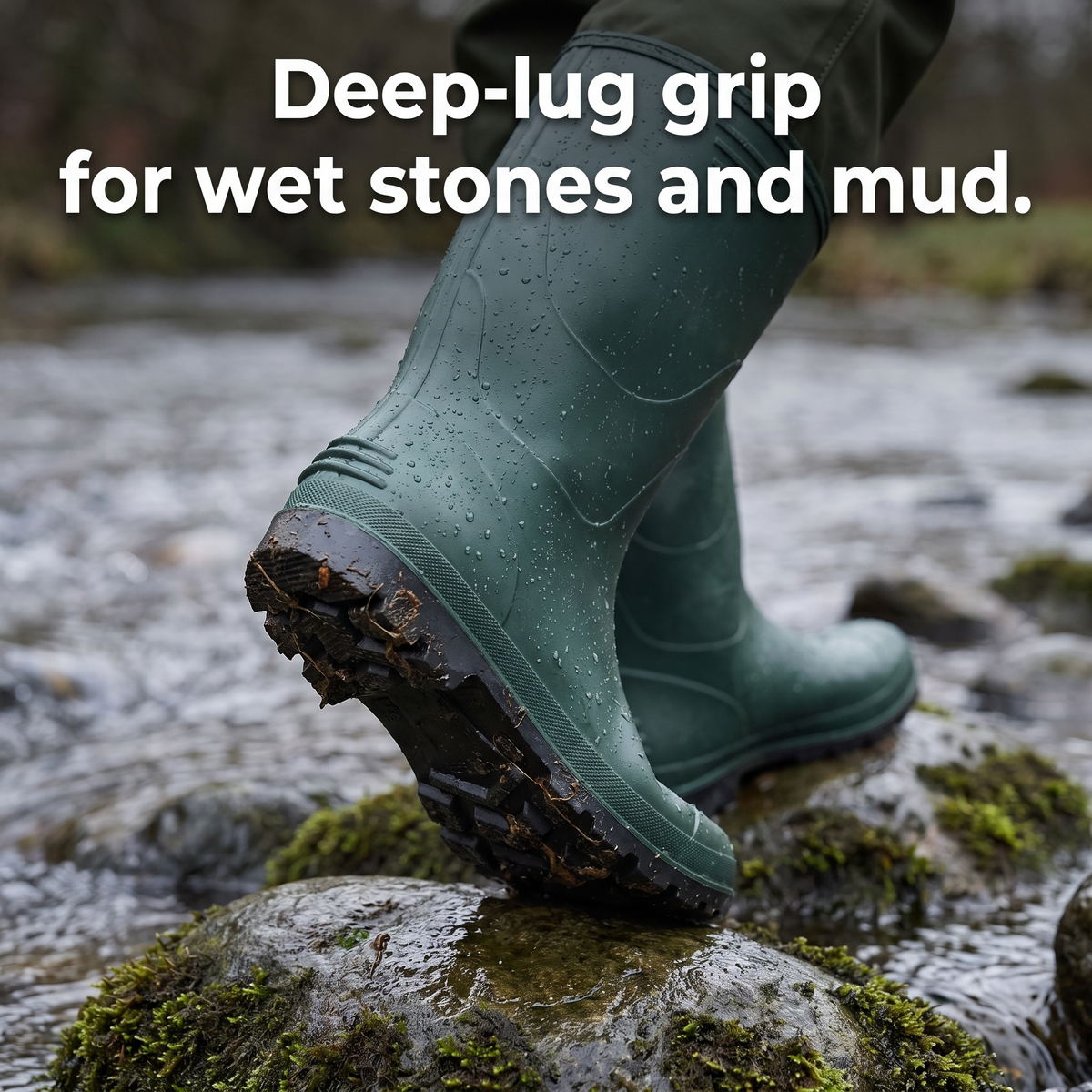 Deep-lug rubber sole of the wader boots on a wet stone