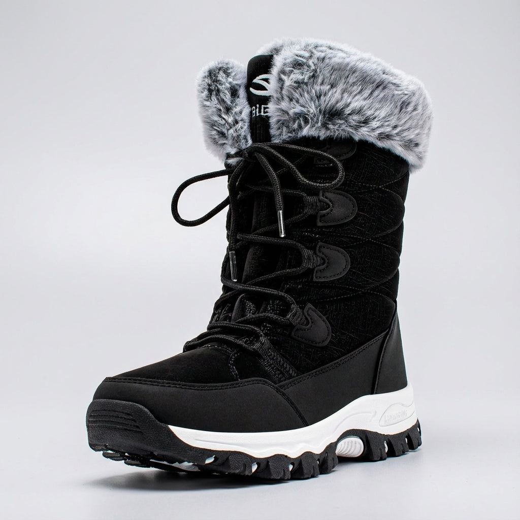 Women's insulated snow boots in Black with faux fur cuff