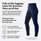 How the two-tone jodhpurs work: pull on like leggings, look like breeches, stay up all day