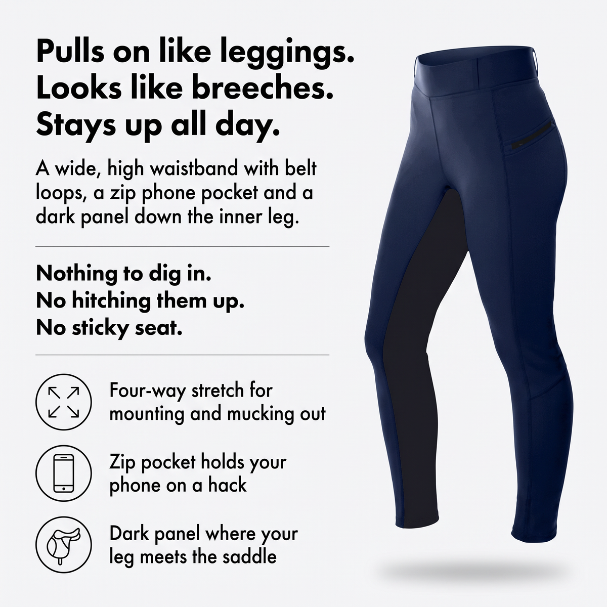 How the two-tone jodhpurs work: pull on like leggings, look like breeches, stay up all day