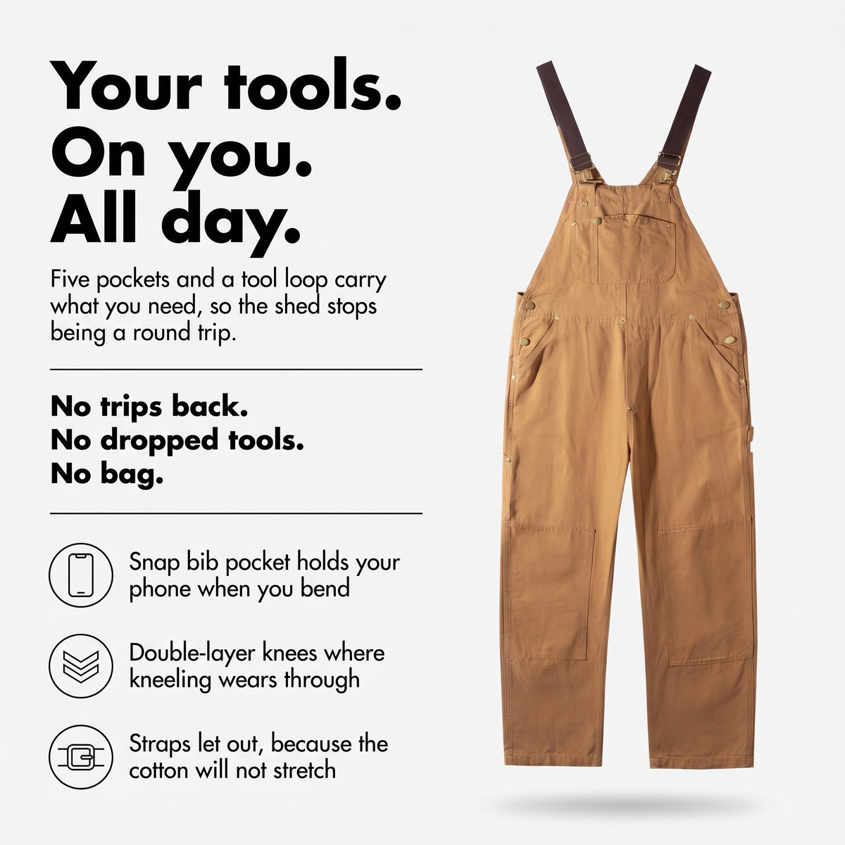 Women's canvas bib dungarees: five pockets and a tool loop keep your tools on you all day