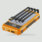 Solar power bank in Orange with four built-in cables