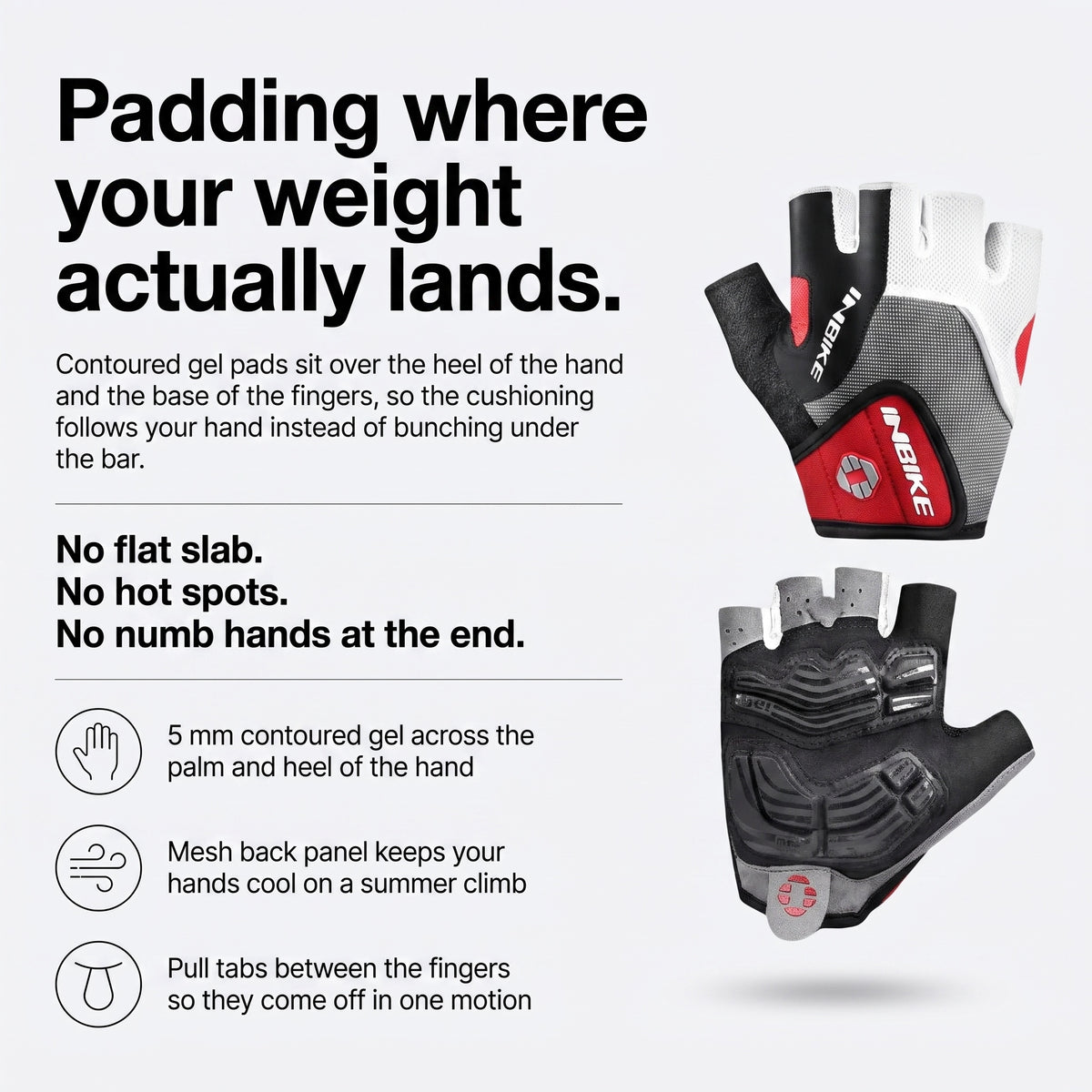 How the contoured gel padding sits under the heel of the hand to prevent numb hands