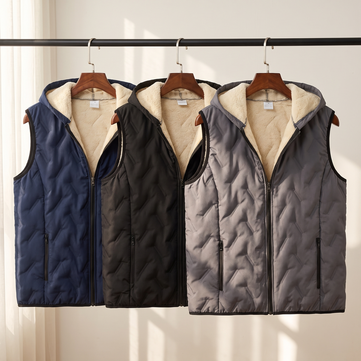 Hooded gilet in black, navy and dark grey
