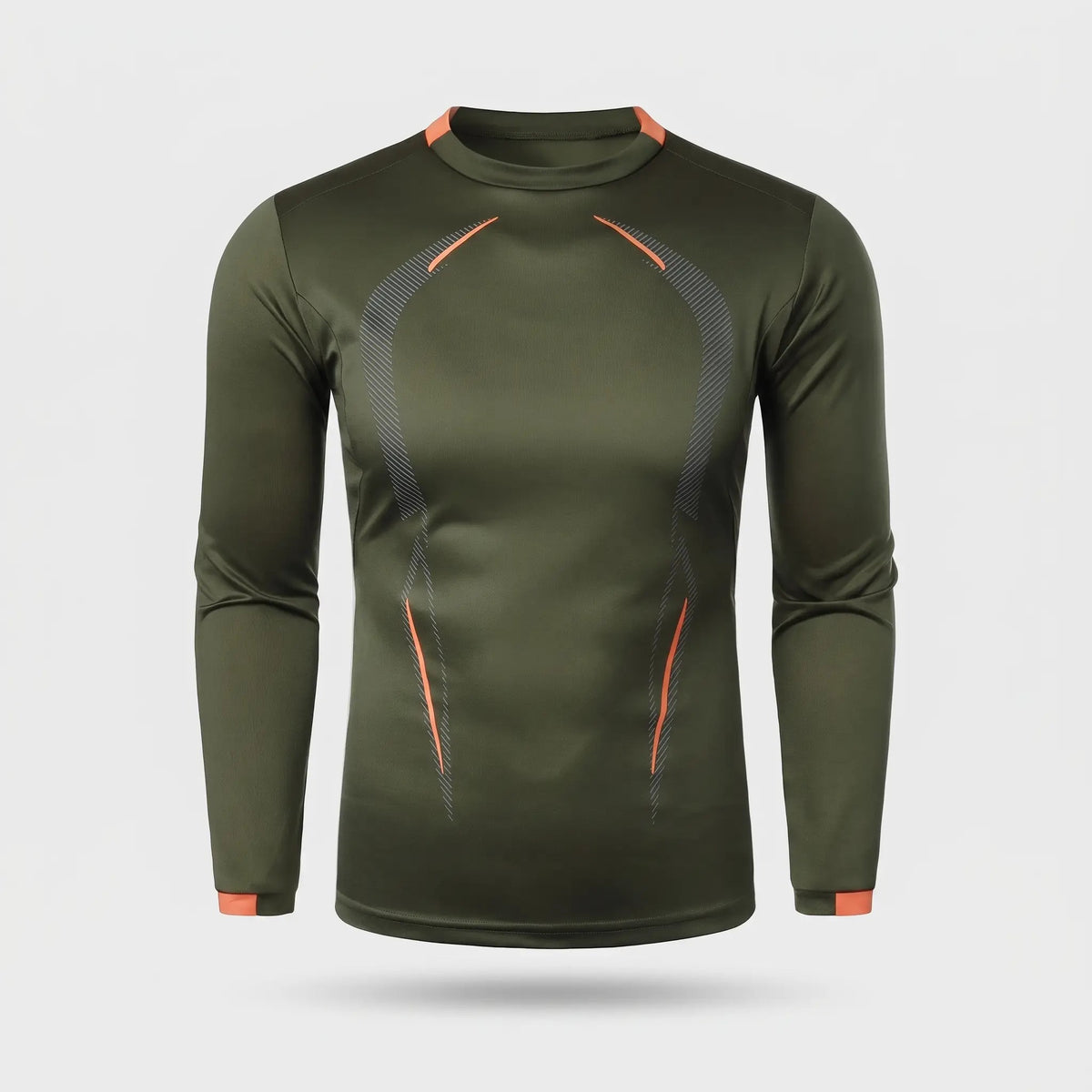 Men's long sleeve running top in Olive Green, front view