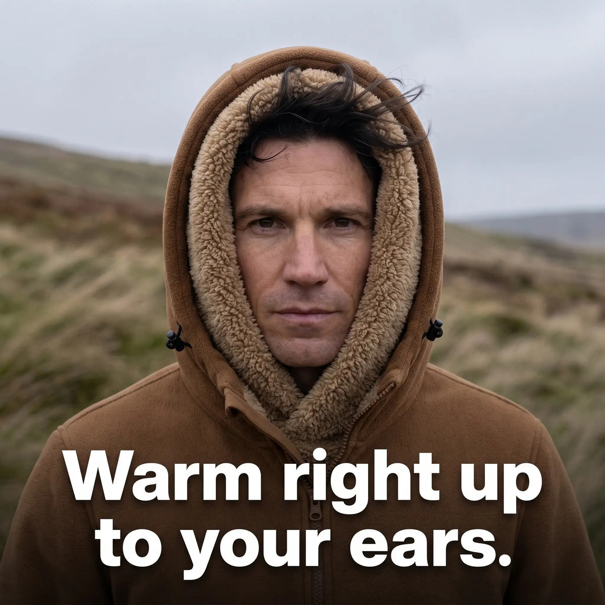 Sherpa-lined hood pulled up on a windy moor - warm right up to your ears
