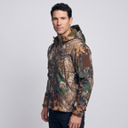 Side view of the Leaf Camo jacket showing the sleeve zip pocket and patch panel