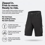 MTB shorts features: zipped thigh pockets, stretch panels, hook-and-loop waist tabs