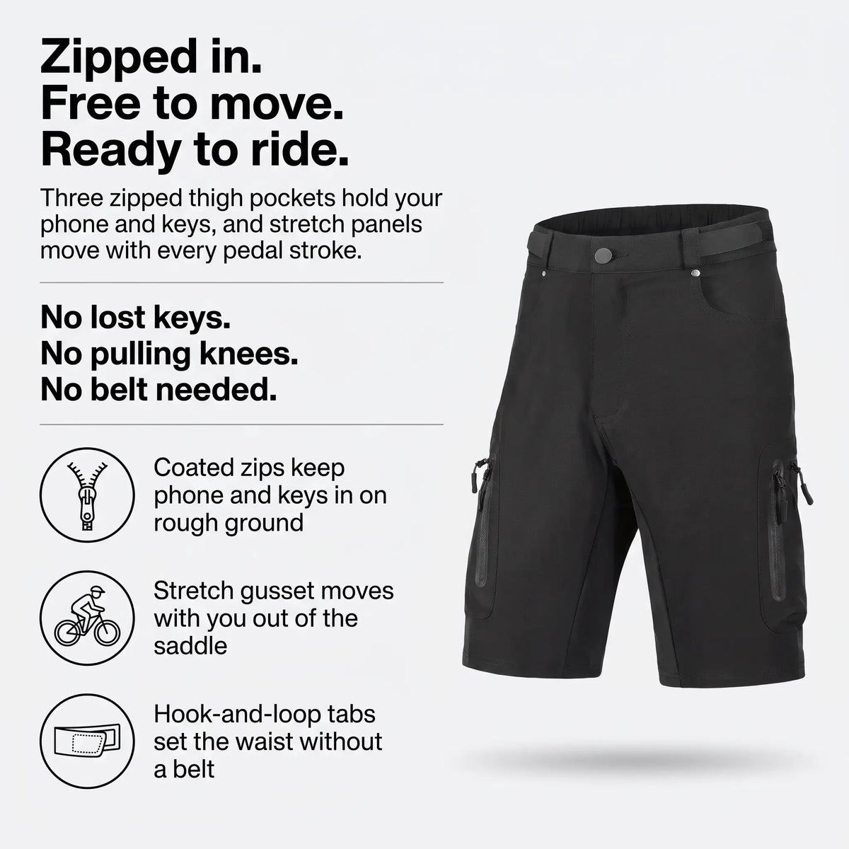 MTB shorts features: zipped thigh pockets, stretch panels, hook-and-loop waist tabs