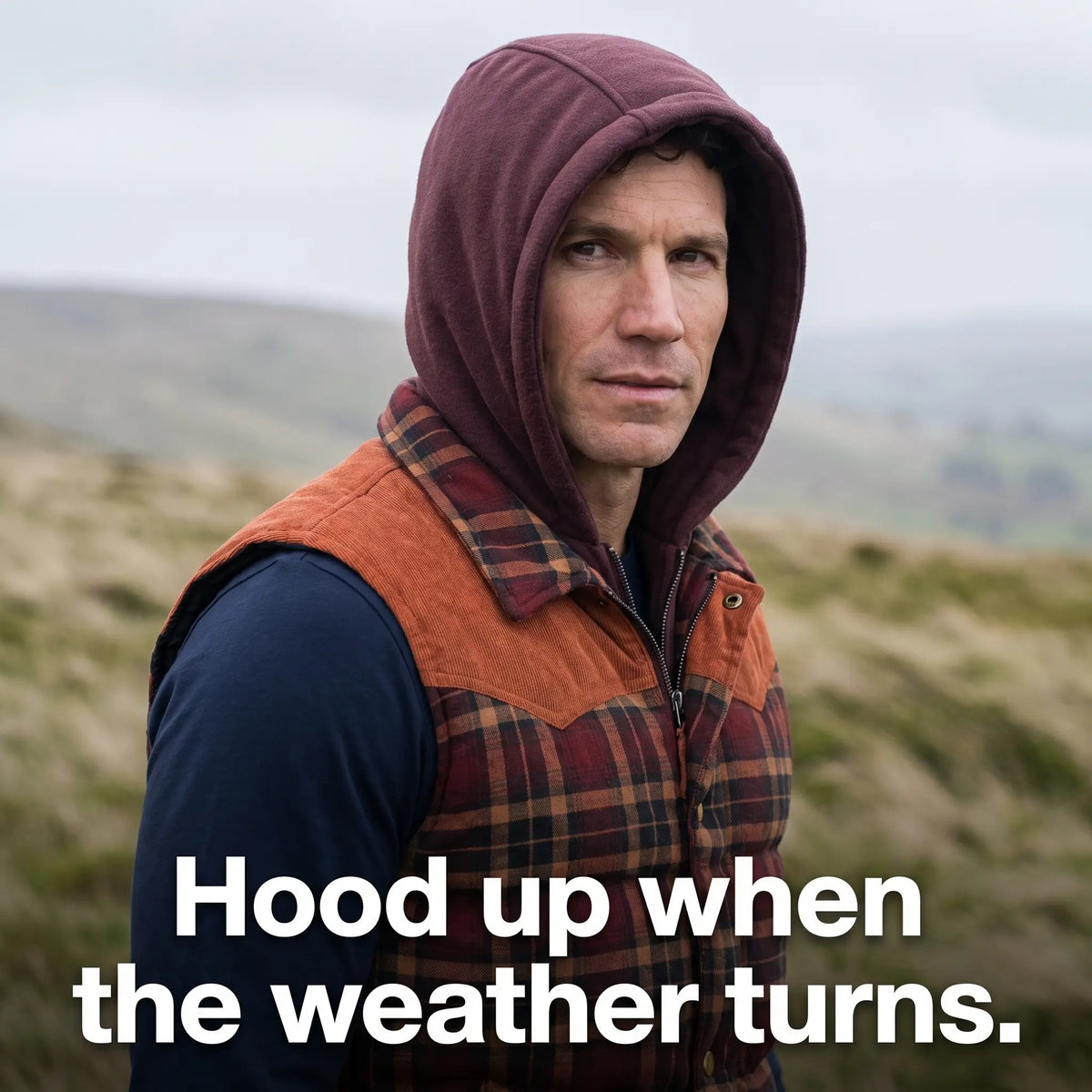 Fleece hood up on the tartan check gilet - Hood up when the weather turns