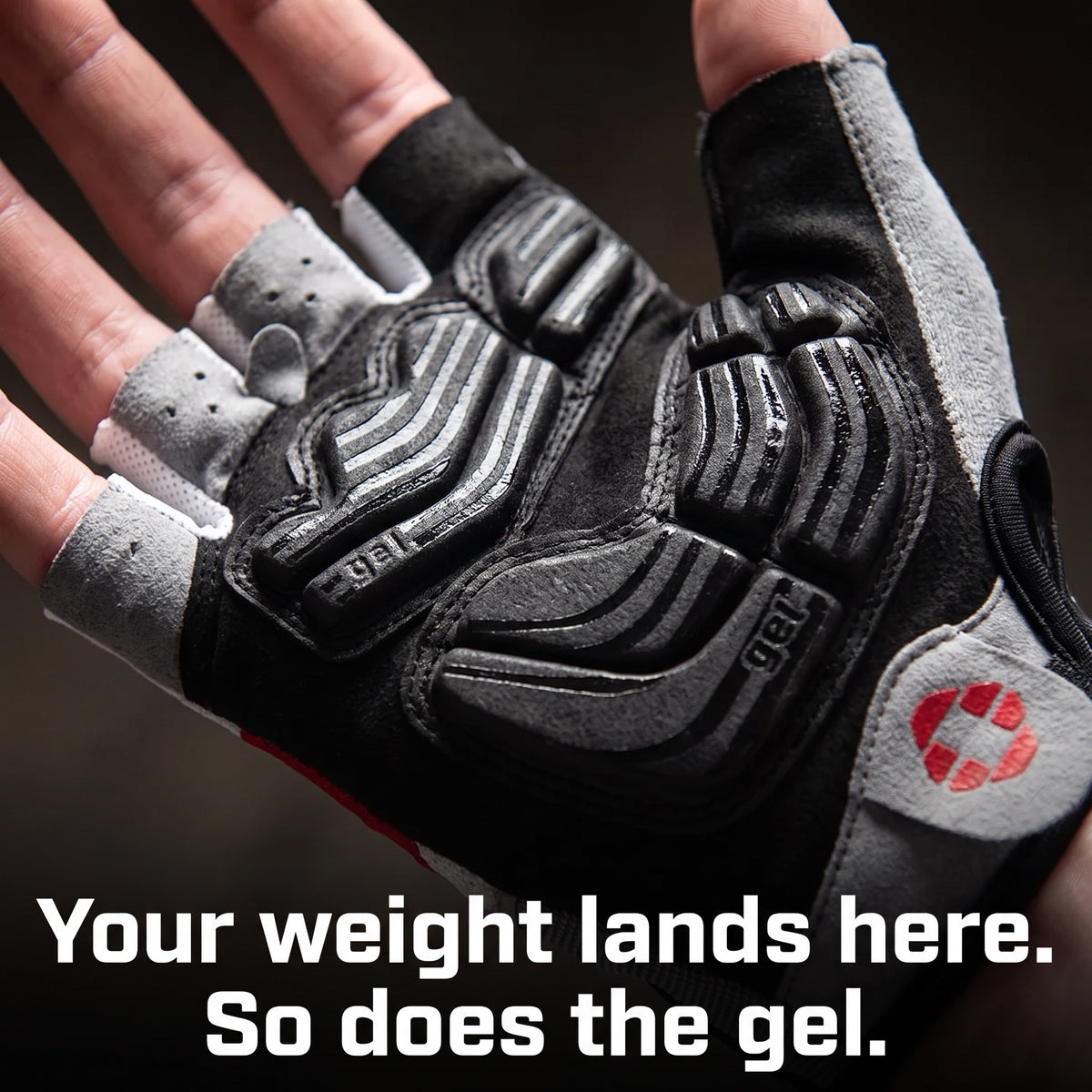 Close up of the 5 mm segmented gel pads across the palm and the base of the fingers