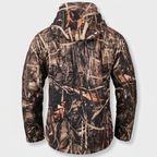 Back view of the Reed Camo softshell jacket with hood up