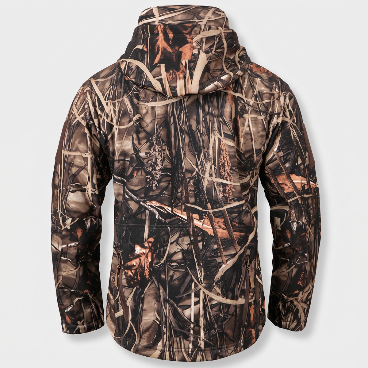 Back view of the Reed Camo softshell jacket with hood up