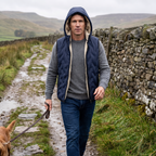 Walking the dog in the Yorkshire Dales wearing the hooded gilet
