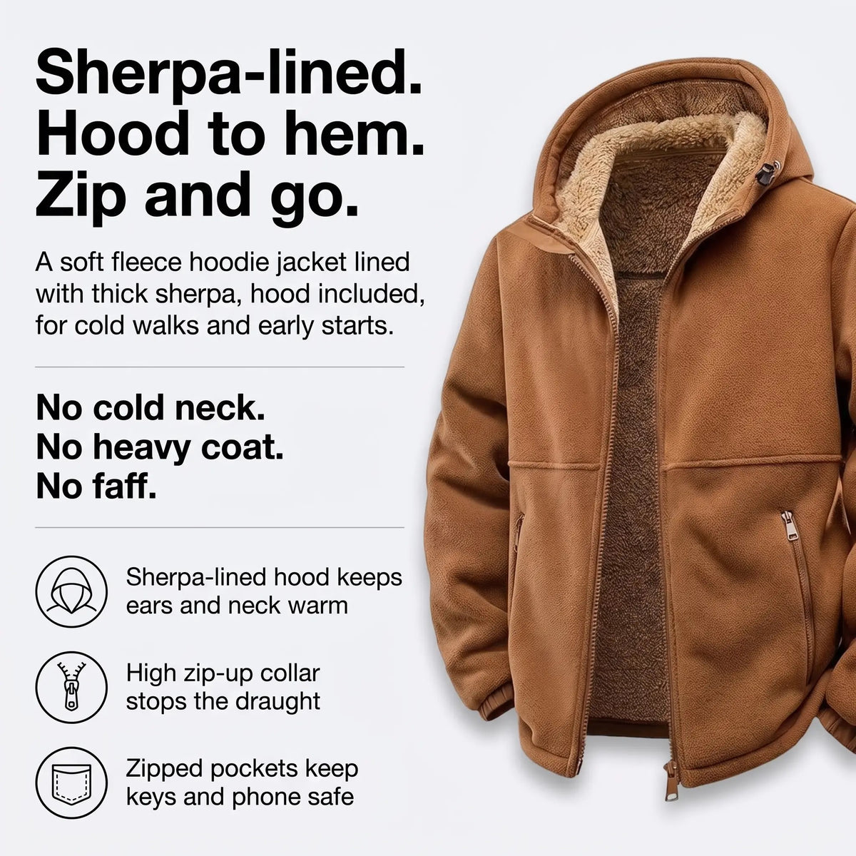 Sherpa-lined hood to hem - features of the men's sherpa jacket