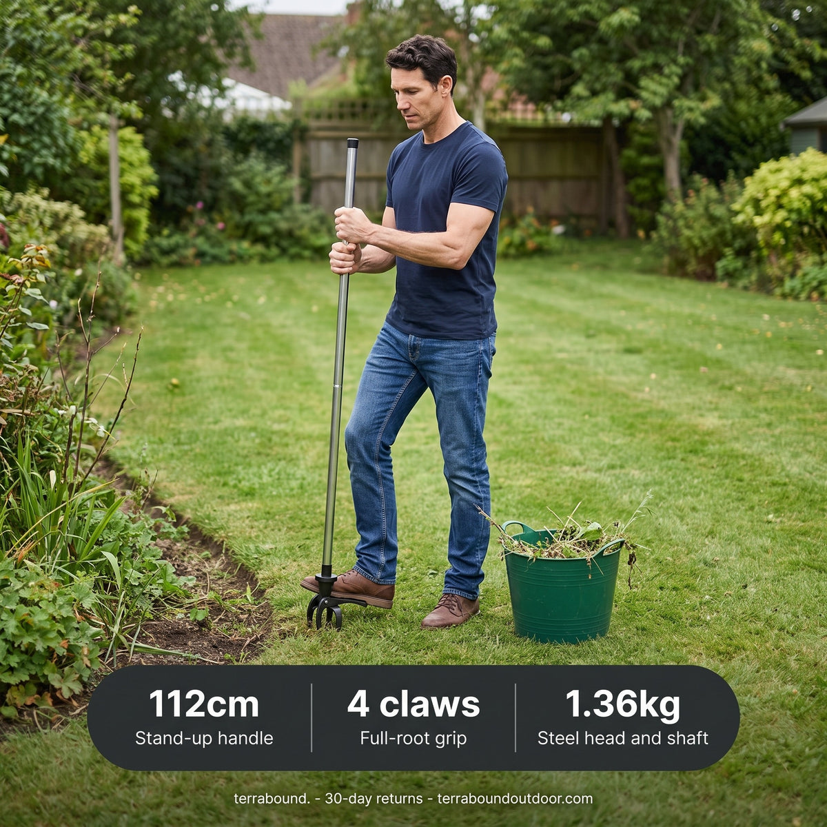 Key specifications: 112cm handle, four claws, 1.36kg steel head and shaft