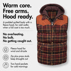 Tartan check hooded gilet - warm core, free arms, hood ready