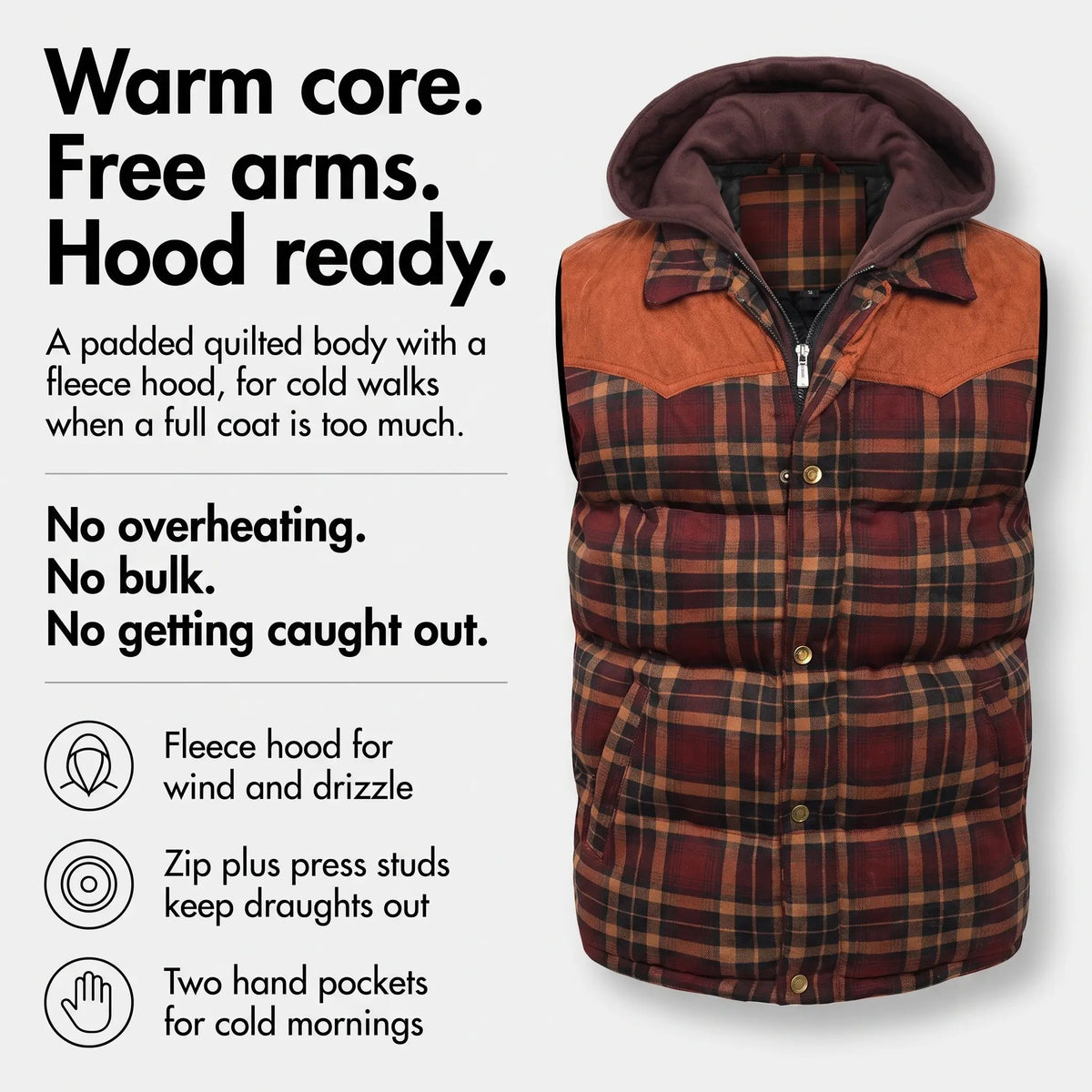 Tartan check hooded gilet - warm core, free arms, hood ready