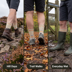 The socks worn three ways: hill days in boots, trail walks in trail shoes and wet days in wellingtons