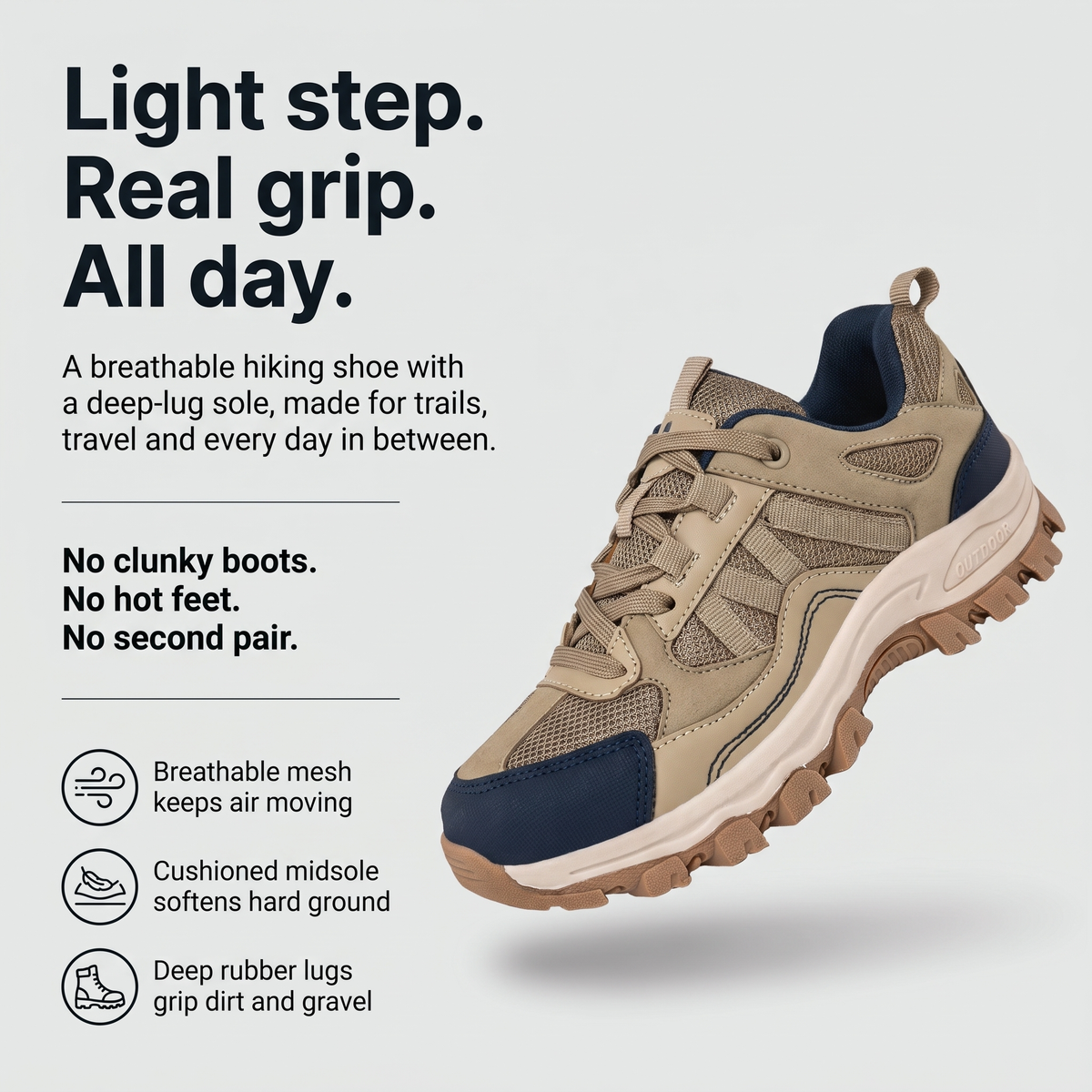Lightweight Hiking Shoes - light step, real grip, all day