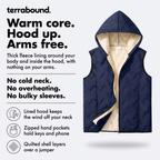 Warm core, hood up, arms free: hooded gilet features
