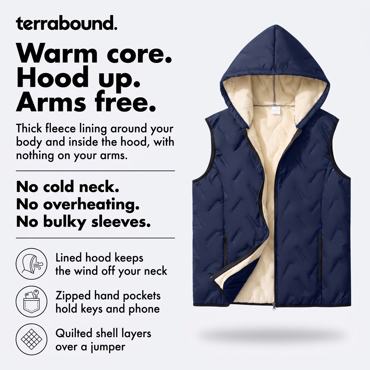 Warm core, hood up, arms free: hooded gilet features