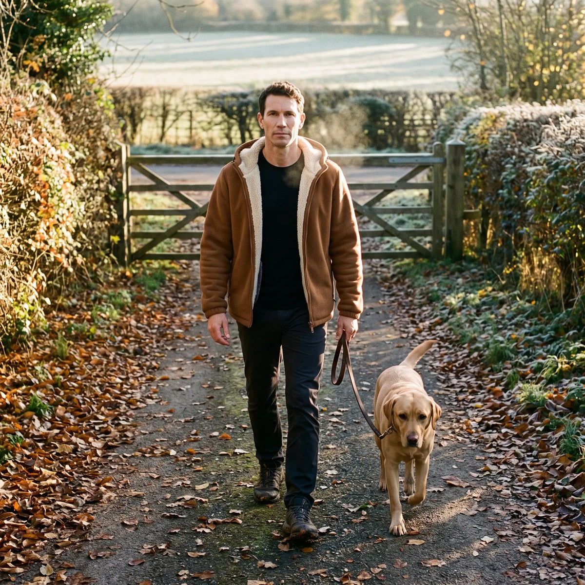Man walking his dog on a country lane in the Tobacco Brown sherpa jacket