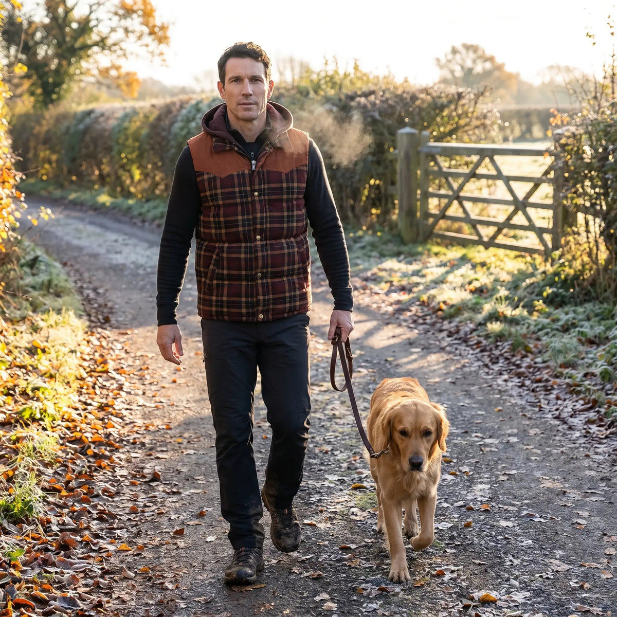 Dog walk on a country lane in the Burgundy Check hooded gilet