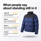 Customer review cards about staying warm standing still in the puffer jacket