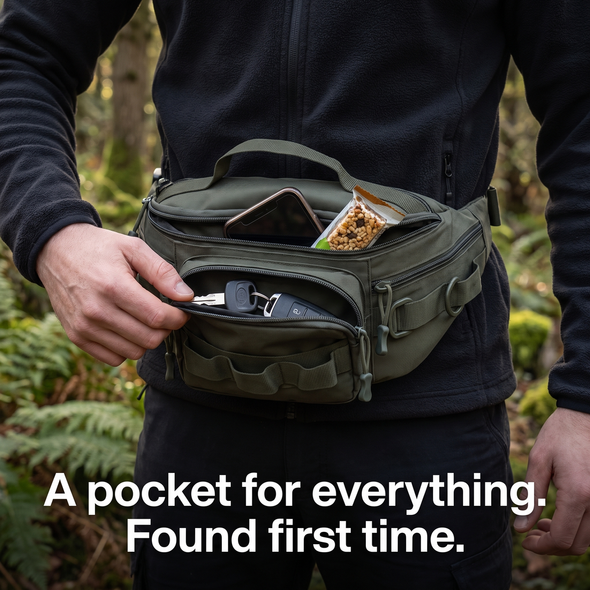 Zipped pockets holding keys, phone and a snack