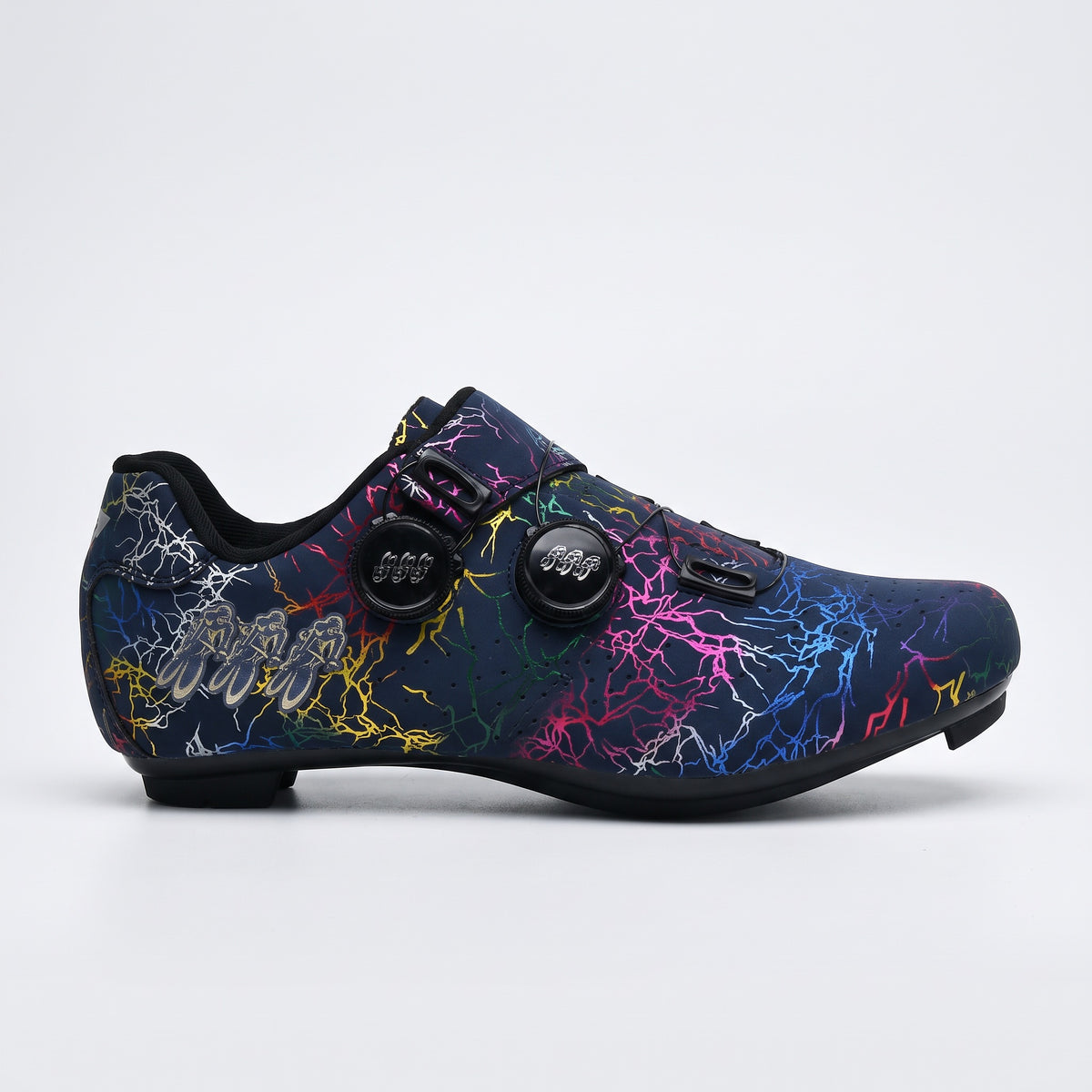 Side view of the Dark Blue road cycling shoe with two dials and the three-riders heel print