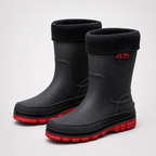 Men's fleece lined wellies in Black / Red, a pair on a light grey background