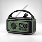 Emergency radio with 12000mAh power bank in green, front view with handle, antenna and hand crank