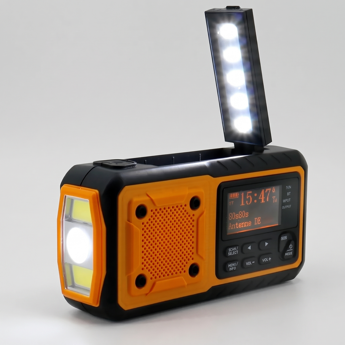 Wind up DAB radio with the fold-up reading light and torch switched on