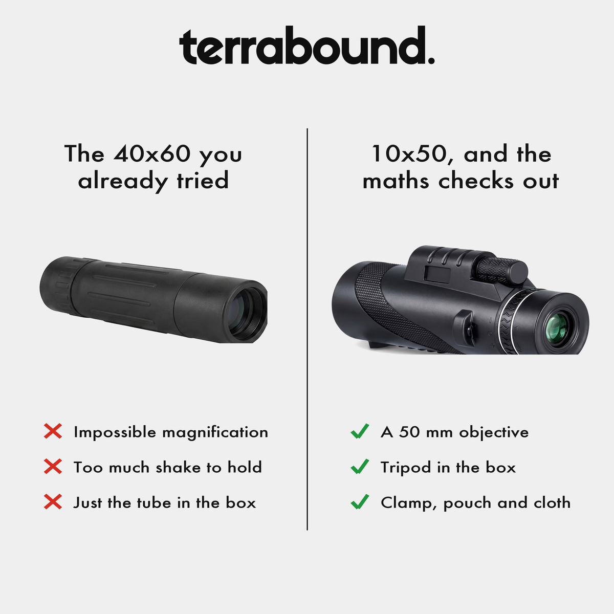 10x50 monocular compared with a typical 40x60 monocular