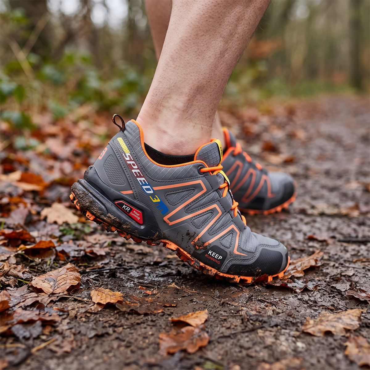 Trail shoe mid-stride on a muddy UK trail path