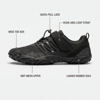 Barefoot shoe features: wide toe box, knit mesh upper, quick-pull lace, strap, lugged sole