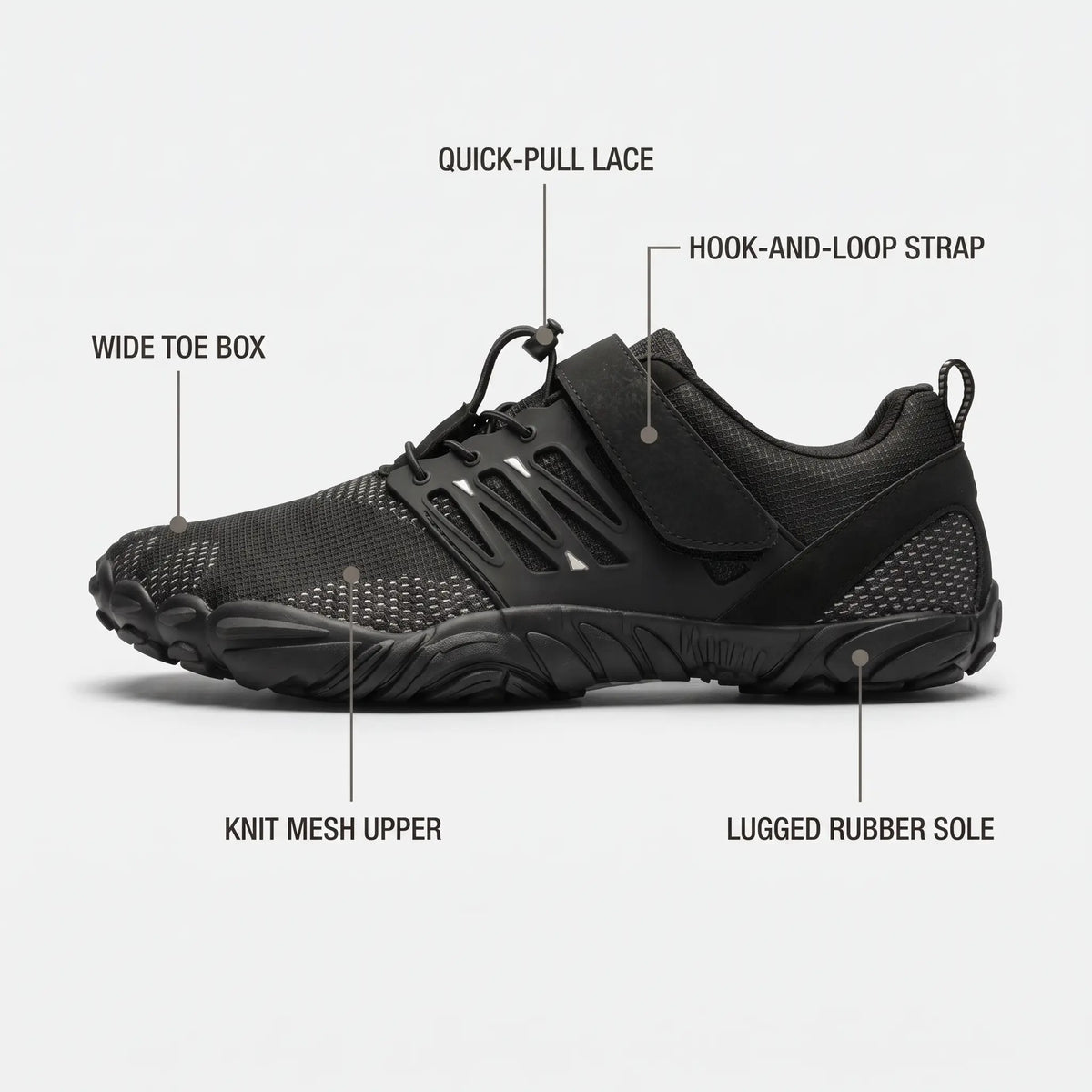 Barefoot shoe features: wide toe box, knit mesh upper, quick-pull lace, strap, lugged sole